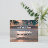 Strand Sunset String Lights Palmen Save the Date Aankondigingskaart (Staand voorkant)