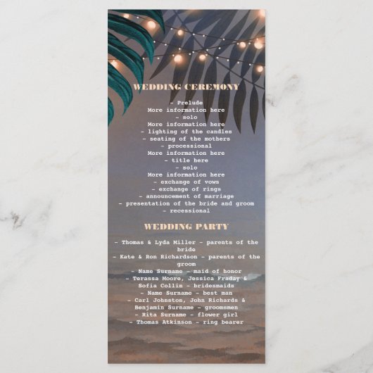 Strand Sunset String Lights Palmen Trouwprogramma' Programmakaart (Achterkant)