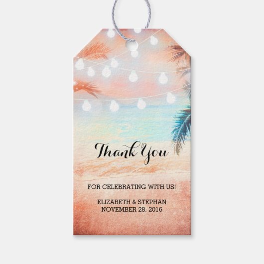 Strand Sunset String Lights Palms Bruiloft Dank u Cadeaulabel (Voorkant)