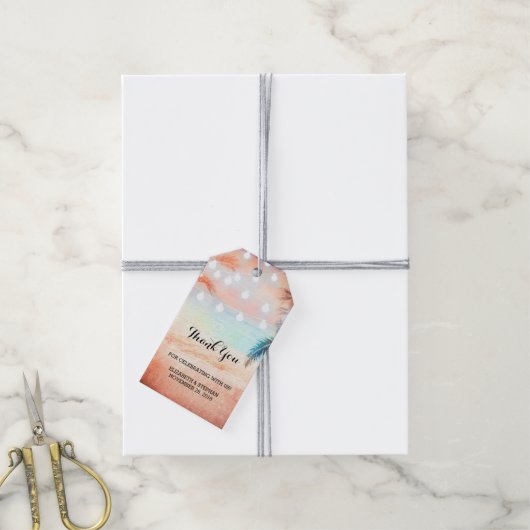 Strand Sunset String Lights Palms Bruiloft Dank u Cadeaulabel (Met Touw)