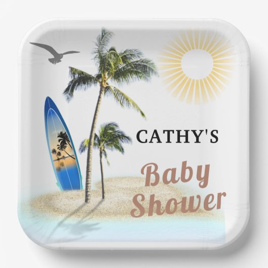 Strand Surf Baby shower 9" Vierkant papier Bord (Voorkant)