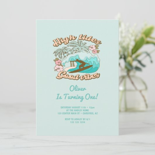 Strand Surfboard Goede Vibes Jongen 1e Verjaardag Kaart (Staand voorkant)