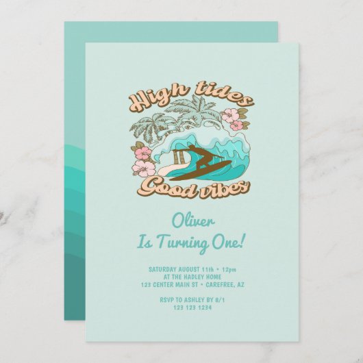 Strand Surfboard Goede Vibes Jongen 1e Verjaardag Kaart (Voorkant / Achterkant)