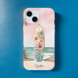 Strand Surfboard Tropische Bloemen Eiland Monogram iPhone 15 Case