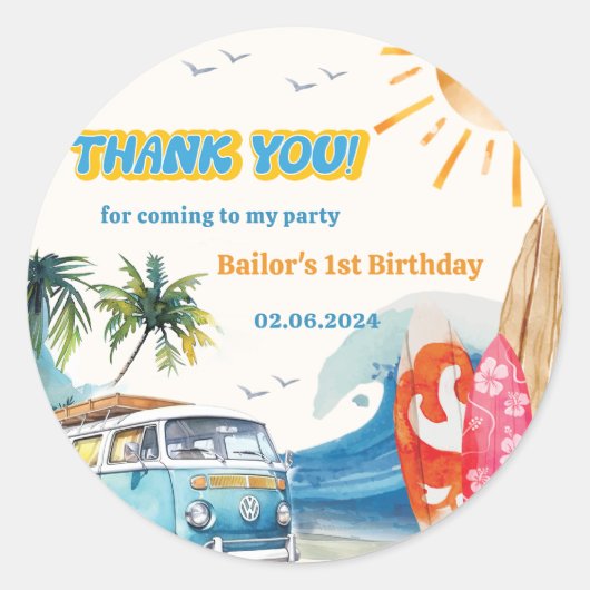 Strand Surfen verjaardagsfeestje Ronde Sticker (Voorkant)