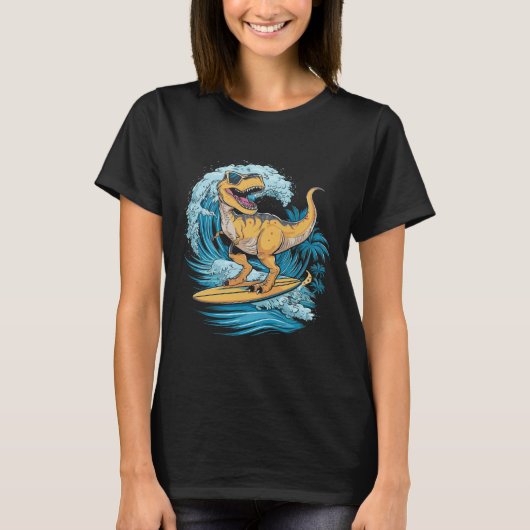 Strand Surfende Dinosaurus T-rex Surfer T-shirt (Voorkant)