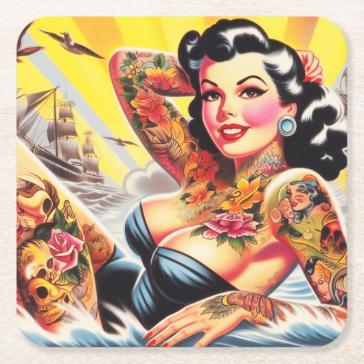 strand Tattoo Pinup Kartonnen Onderzetters (Voorkant)