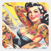strand Tattoo Pinup Vierkante Sticker (Voorkant)