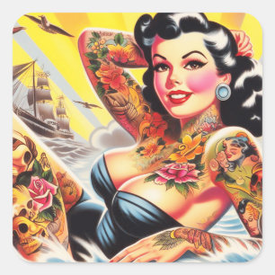  strand Tattoo Pinup Vierkante Sticker