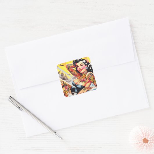  strand Tattoo Pinup Vierkante Sticker (Envelop)