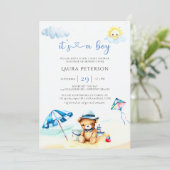 Strand Teddy Bear Zon Waterverf Jongen Baby shower Kaart (Staand voorkant)