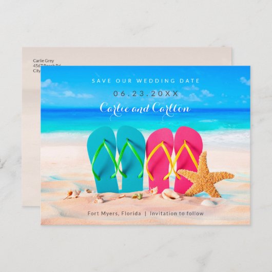 Strand Teenslippers op Zand Save the Date Briefkaart (Voorkant / Achterkant)
