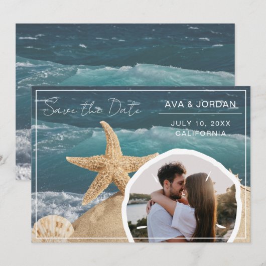 Strand Thema Bewaar de datum Foto bruiloft Kaart (Voorkant / Achterkant)