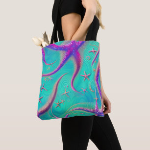 Strand thema Blauwgroen en Paarse zeester Tote Bag