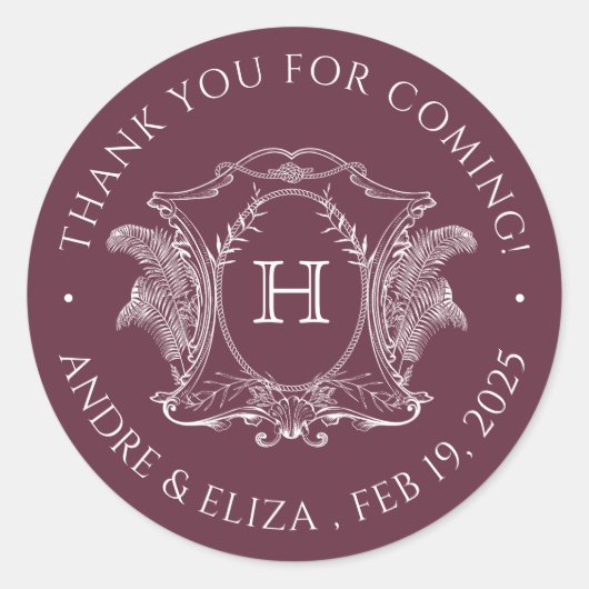 Strand Thema Bourgondië Monogram Bruiloft Sticker (Voorkant)
