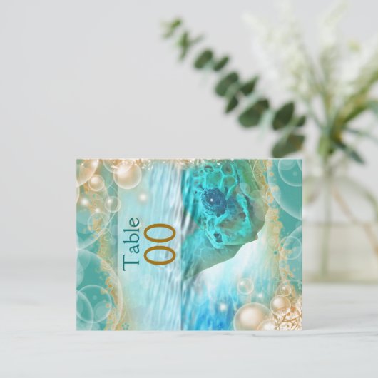 Strand thema bruiloft schildpad "tafel nummer" briefkaart (Staand voorkant)