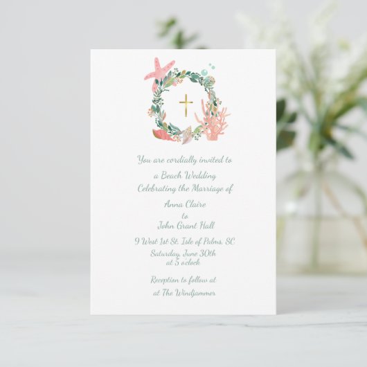 Strand thema Cross, Nautische bruiloft, Christelij Kaart (Staand voorkant)