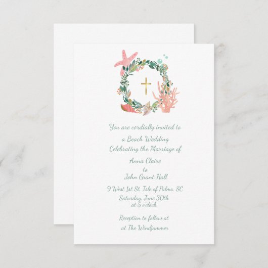 Strand thema Cross, Nautische bruiloft, Christelij Kaart (Voorkant / Achterkant)