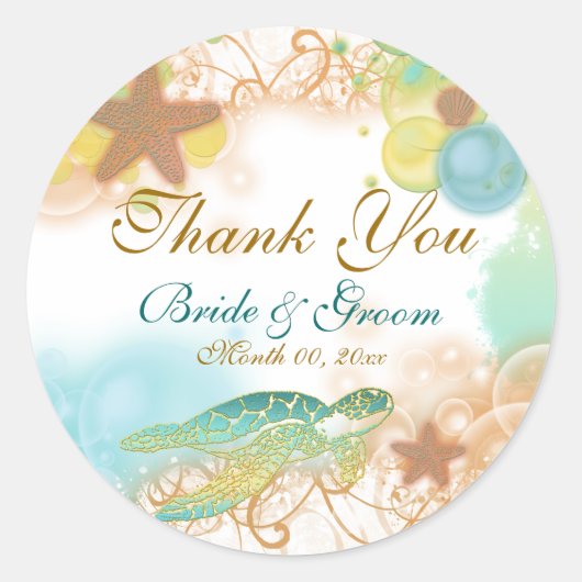 Strand thema "dank u" bruiloft verjaardag ronde sticker (Voorkant)