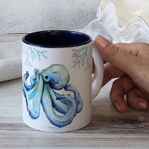 Strand thema koffie mokken blauwe octopus