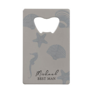 Strand thema "Onze trouwdag" met schelpen Creditkaart Flessenopener