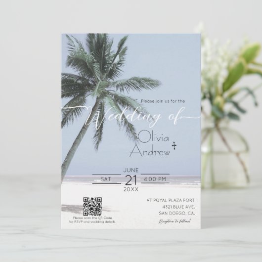 Strand thema palmboom bruiloft uitnodiging Sjabloo (Staand voorkant)