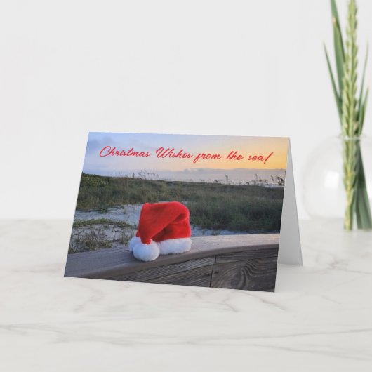 Strand thema Vakantie kaart met Santa Hat (Voorkant)