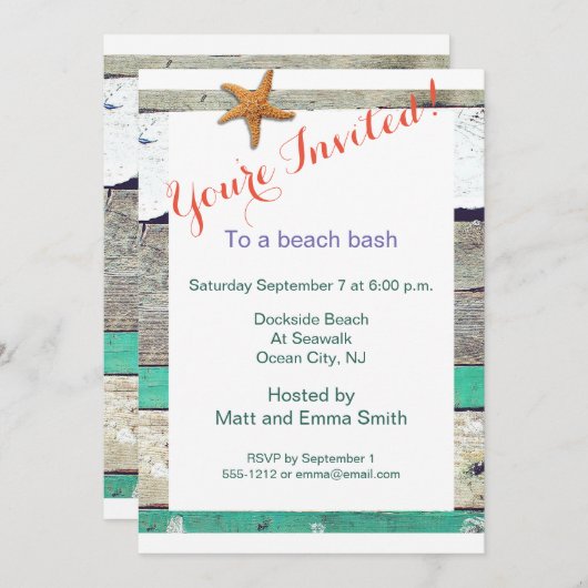 Strand thema zeesterren bruiloft rustiek kaart (Voorkant / Achterkant)
