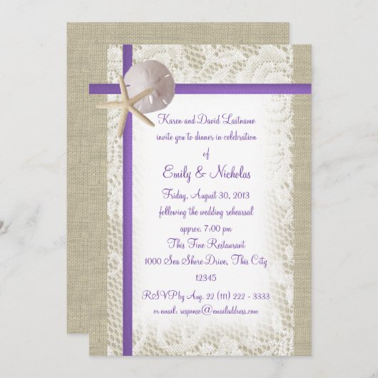 Strand Theme repetitie Diner Paarse Kaart (Voorkant / Achterkant)