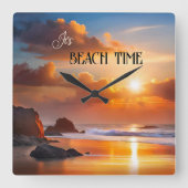 Strand Tijd Zonsondergang Kleurrijk Vierkante Klok (Voorkant)