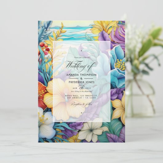 Strand Tonen Bloemen Zomer Bruiloft Uitnodiging (Staand voorkant)