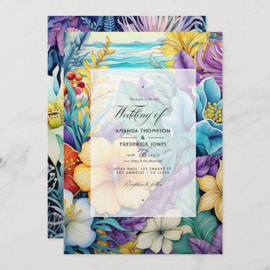 Strand Tonen Bloemen Zomer Bruiloft Uitnodiging (Voorkant / Achterkant)