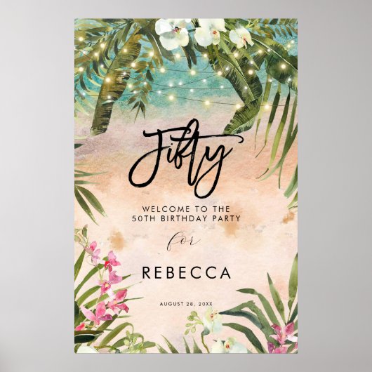 Strand Tropische Bloemen Vijftig Welkomstbord post Poster (Voorkant)