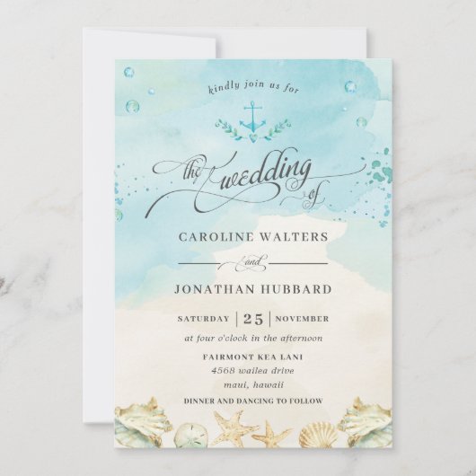 Strand Tropische Nautische Bestemming Bruiloft Kaart (Voorkant)