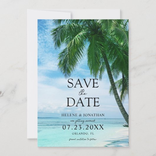 Strand Tropische Palm Bestemming Bruiloft Save The Date (Voorkant)
