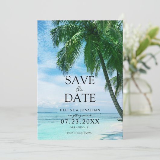 Strand Tropische Palm Bestemming Bruiloft Save The Date (Staand voorkant)