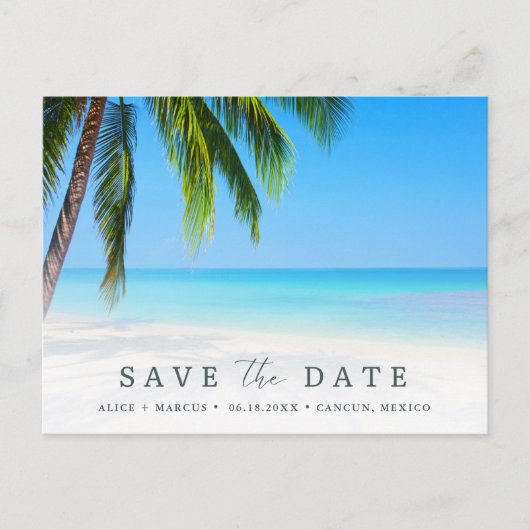 Strand Tropische Palm Bruiloft Budget Save the Dat Aankondigingskaart (Voorkant)