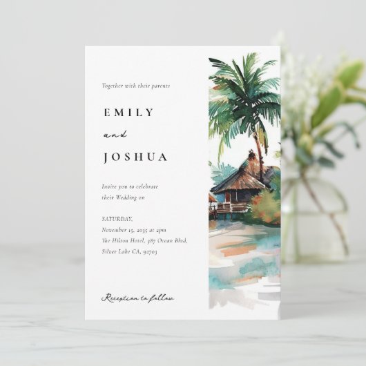 Strand Tropische Waterverf Bruiloft Kaart (Staand voorkant)