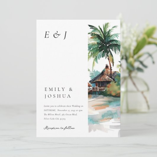 Strand Tropische Waterverf Bruiloft Kaart (Staand voorkant)