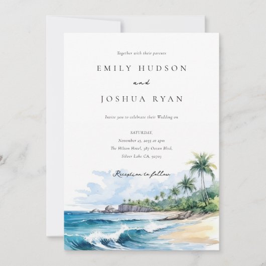 Strand Tropische Waterverf Bruiloft Kaart (Voorkant)