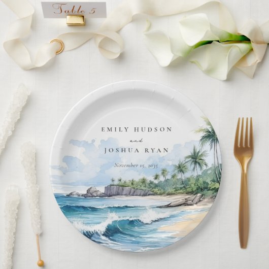 Strand Tropische Waterverf Bruiloft Papieren Bordje (Huwelijk)