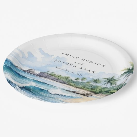 Strand Tropische Waterverf Bruiloft Papieren Bordje (Gekanteld)