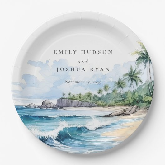 Strand Tropische Waterverf Bruiloft Papieren Bordje (Voorkant)
