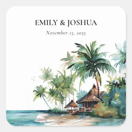 Strand Tropische Waterverf Bruiloft Vierkante Sticker (Voorkant)