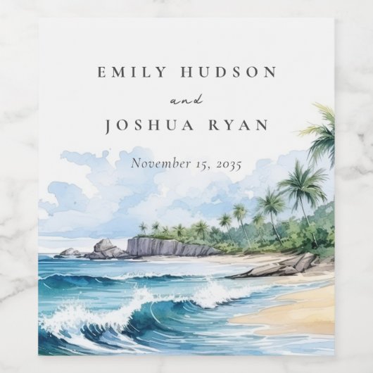 Strand Tropische Waterverf Bruiloft Wijn Etiket (Enkel label)