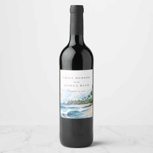 Strand Tropische Waterverf Bruiloft Wijn Etiket (Voorkant)