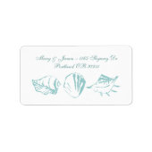 Strand trouwadres blauwe zeeschelpen etiket (Voorkant)