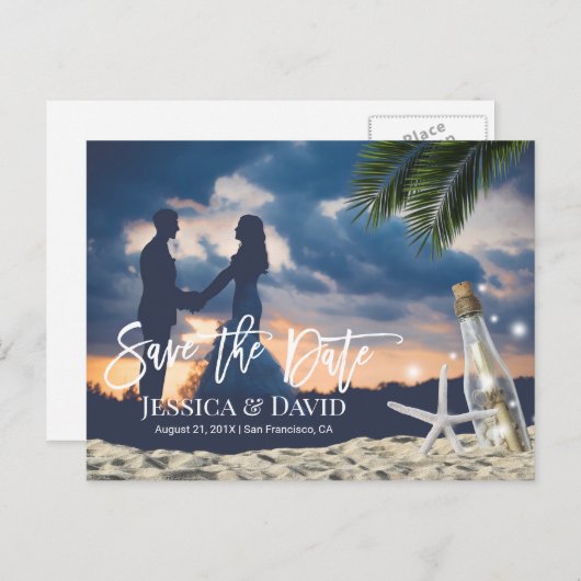 Strand Trouwbericht in een fles Bewaar de datum Aankondigingskaart (Voorkant / Achterkant)