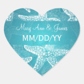 Strand trouwdatum zeester blauw hart sticker (Voorkant)