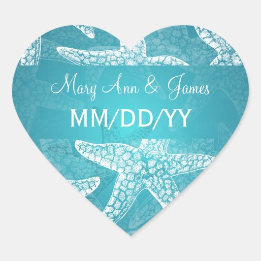 Strand trouwdatum zeester blauw hart sticker (Voorkant)